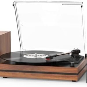 Vintage Record Player with External Speakers Belt-Drive Turntable for Vinyl Records Dual Stereo Speakers LP Players Support 3 Speed 3 Size Wireless Playback AUX Headphone Input Auto Stop Wood Red
