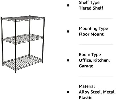 Amazon Basics 3-Shelf Adjustable Heavy Duty Steel Wire Rack Storage Shelving Organizer for Kitchen, Garage, 23.2" L x 13.4" W x 30" H, Black - Image 6