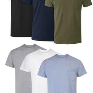 Hanes Men's Pocket Undershirt Pack, Cotton Crew Neck T-Shirt, Moisture Wicking Tee, Assorted 6-Pack
