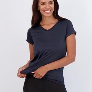 Real Essentials 5 Pack: Women’s Short Sleeve V-Neck Activewear T-Shirt Dry-Fit Wicking Yoga Top (Available in Plus)