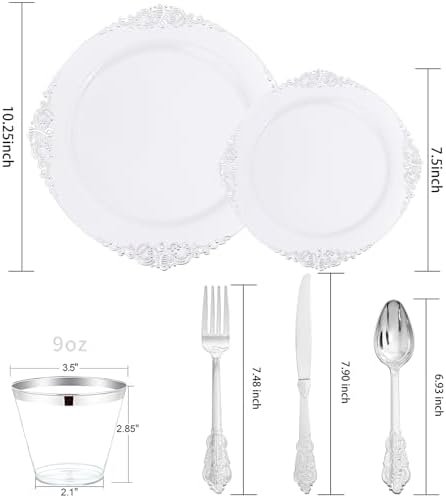 Liacere 350PCS Silver Plastic Plates&Pre Rolled Napkins for 50 Guests - Plastic Dinnerware Sets 100 Silver Disposable Plates, 150 Silver Silverware, 50Cups and 50Napkins for Wedding&Party&Christmas - Image 8