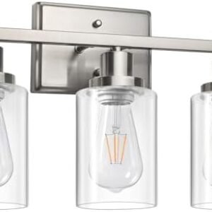 Ascher Bathroom Vanity Light Fixtures, 3 Light Wall Sconces Lighting with Clear Glass Shade, Brushed Nickel Wall Lights for Mirror, Kitchen, Living Room, Gallery, E26 Base (Bulbs Not Included)