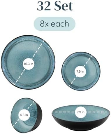 32 Piece Dinnerware Sets for 8 - Modern Style Stoneware Dinnerware Set - Scratch Resistant, Dishwasher Safe Plates and Bowls Sets Ceramic, Dish Set, Bowl and Plate Set - Black and Petrol Blue… - Image 3