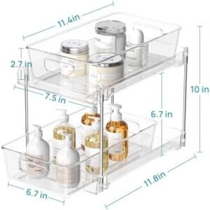 Vtopmart 4 Pack Bathroom Storage Organizer, 2 Tier Clear Under Sink Organizers Vanity Countertop Storage Container, Medicine Cabinet Drawers Bins, Pull-Out Organization with Track for Pantry, Kitchen