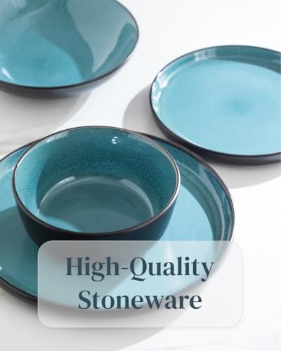 32 Piece Dinnerware Sets for 8 - Modern Style Stoneware Dinnerware Set - Scratch Resistant, Dishwasher Safe Plates and Bowls Sets Ceramic, Dish Set, Bowl and Plate Set - Black and Petrol Blue… - Image 6