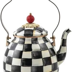 MACKENZIE-CHILDS Enamel Tea Kettle, Stylish Tea Kettle for Stovetop, Black-and-White Courtly Check, 2 Quarts