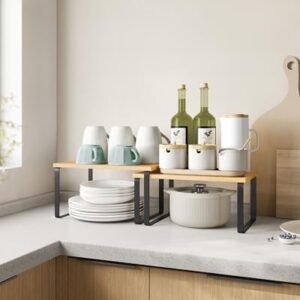 SONGMICS Cabinet Organizer Shelf, Set of 2 Kitchen Counter Shelves, Kitchen Storage, Spice Rack, Stackable, Expandable, Metal and Engineered Wood, Ink Black and Natural Beige UKCS02NB