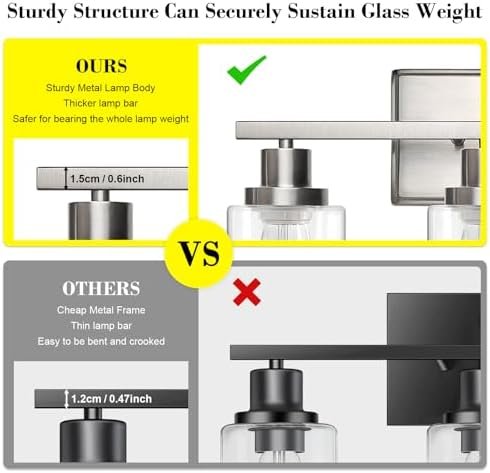 Ascher Bathroom Vanity Light Fixtures, 3 Light Wall Sconces Lighting with Clear Glass Shade, Brushed Nickel Wall Lights for Mirror, Kitchen, Living Room, Gallery, E26 Base (Bulbs Not Included) - Image 4