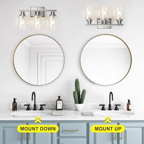 Ascher Bathroom Vanity Light Fixtures, 3 Light Wall Sconces Lighting with Clear Glass Shade, Brushed Nickel Wall Lights for Mirror, Kitchen, Living Room, Gallery, E26 Base (Bulbs Not Included) - Image 8
