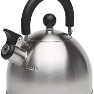 Primula Stewart Whistling Stovetop Tea Kettle Food Grade Stainless Steel, Hot Water Fast to Boil, Cool Touch Folding, 1.5-Quart, Brushed with Black Handle