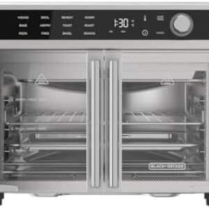 BLACK+DECKER Crisp 'N Bake Air Fryer Toaster Oven Combo, 12 in 1 Countertop Convection Oven Cooks Food Fast, Fits a Whole Pizza or 6 Toast Slices, French Doors with Stainless Steel Finish