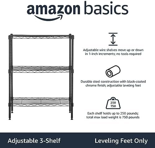 Amazon Basics 3-Shelf Adjustable Heavy Duty Steel Wire Rack Storage Shelving Organizer for Kitchen, Garage, 23.2" L x 13.4" W x 30" H, Black - Image 2