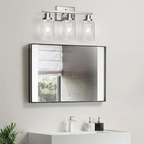 Ascher Bathroom Vanity Light Fixtures, 3 Light Wall Sconces Lighting with Clear Glass Shade, Brushed Nickel Wall Lights for Mirror, Kitchen, Living Room, Gallery, E26 Base (Bulbs Not Included) - Image 9