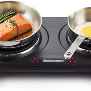 Elite Gourmet EDB-302BF# Countertop Double Cast Iron Burner, 1500 Watts Electric Hot Plate, Temperature Controls, Power Indicator Lights, Easy to Clean, Black