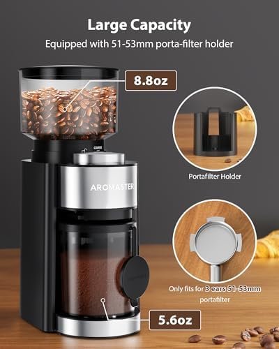 Aromaster Burr Coffee Grinder, Coffee Bean Grinder with 25 Grind Setting, 2-12 Cups Timer, Conical Coffee Grinders for Home Use, 3-Ears Portafilter Holder, Cleaning Brush, Black - Image 2