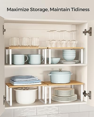 SONGMICS Cabinet Organizer Shelf, Set of 4 Kitchen Counter Shelves, Kitchen Storage, Spice Rack, Stackable, Expandable, Metal and Engineered Wood, Cloud White and Natural Beige UKCS010N01 - Image 4