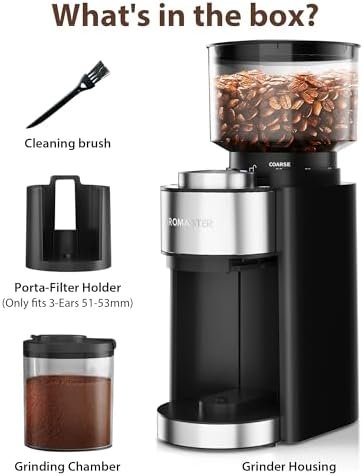 Aromaster Burr Coffee Grinder, Coffee Bean Grinder with 25 Grind Setting, 2-12 Cups Timer, Conical Coffee Grinders for Home Use, 3-Ears Portafilter Holder, Cleaning Brush, Black - Image 7