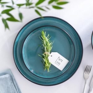 32 Piece Dinnerware Sets for 8 – Modern Style Stoneware Dinnerware Set – Scratch Resistant, Dishwasher Safe Plates and Bowls Sets Ceramic, Dish Set, Bowl and Plate Set – Black and Petrol Blue…