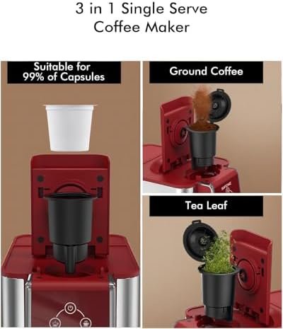SIFENE Single Serve Coffee Machine, 3-in-1 Pod Coffee Maker for K-Pod Capsule, Ground Coffee, and Leaf Tea with 6-10 oz Cup Size, 50 oz Removable Water Reservoir, Red - Image 2