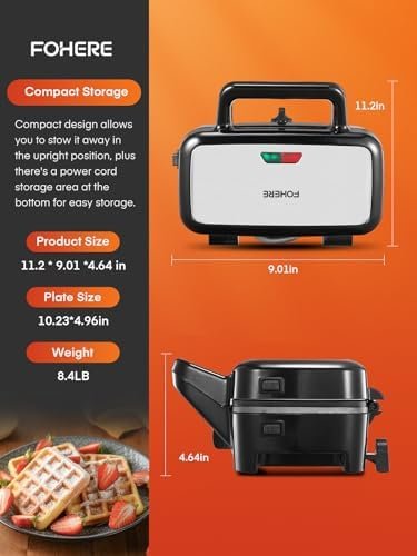 FOHERE Waffle Maker 3 in 1 Sandwich Maker 1200W Panini Press With Removable Plates and 5-gear Temperature Control, Non-stick Coating Easy to Clean,Indicator Lights, Silver/Black - Image 9