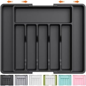 Lifewit Silverware Drawer Organizer, Expandable Utensil Tray for Kitchen, BPA Free Flatware and Cutlery Holder, Adjustable Plastic Storage for Spoons Forks Knives, Large, Black