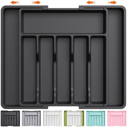Lifewit Silverware Drawer Organizer, Expandable Utensil Tray for Kitchen, BPA Free Flatware and Cutlery Holder, Adjustable Plastic Storage for Spoons Forks Knives, Large, Black