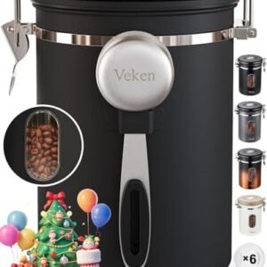 Veken Coffee Canister with Window, Airtight Stainless Steel Kitchen Food Storage Container, Date Tracker and Scoop for Grounds Coffee Bar Accessories, Beans, Tea, Flour, Cereal, Sugar, 22OZ, Black