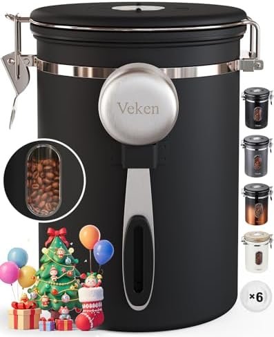 Veken Coffee Canister with Window, Airtight Stainless Steel Kitchen Food Storage Container, Date Tracker and Scoop for Grounds Coffee Bar Accessories, Beans, Tea, Flour, Cereal, Sugar, 22OZ, Black
