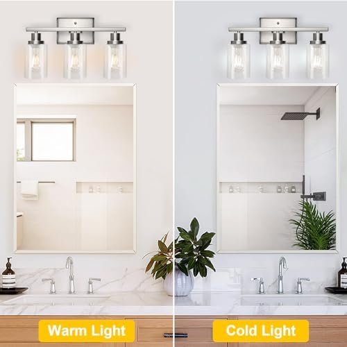 Ascher Bathroom Vanity Light Fixtures, 3 Light Wall Sconces Lighting with Clear Glass Shade, Brushed Nickel Wall Lights for Mirror, Kitchen, Living Room, Gallery, E26 Base (Bulbs Not Included) - Image 6