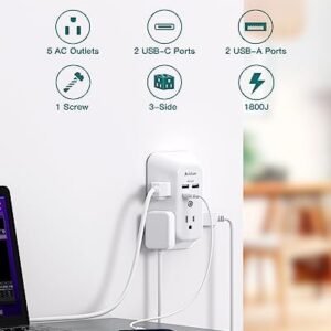 Surge Protector Outlet Extender – Addtam 5-Outlet Splitter with 4 USB Wall Charger(2 USB-C Ports), Multi Plug Outlet Power Strip for Home, Dorm Room Essentials