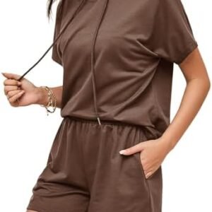 Dokotoo Women's 2 Piece Outfits Summer Sweatsuit Short Sleeve Drawstring Hoodies and Lounge Sets With Pocket