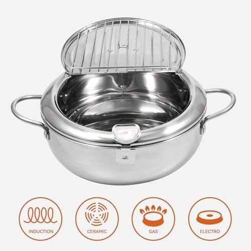 Kerilyn Deep Fryer Pot, 9.4 Inch/3.4 L Janpanese Style Tempura Frying Pot with Lid, 304 Stainless Steel with Temperature Control and Oil Drip Drainer Rack, for Kitchen French Fries, Chicken etc - Image 5