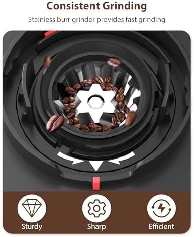 Aromaster Burr Coffee Grinder, Coffee Bean Grinder with 25 Grind Setting, 2-12 Cups Timer, Conical Coffee Grinders for Home Use, 3-Ears Portafilter Holder, Cleaning Brush, Black - Image 5