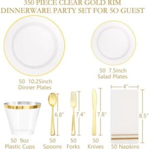 SUT 350Pcs Plastic Dinnerware Set for 50 Guests, Clear and Gold Plastic Plates, Disposable Plates and Napkins Party Supplies, Gold Plastic Silverware, Plates, Cups and Napkins Sets for Party Weddings