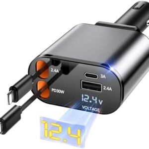 Retractable Car Charger, 4 in 1 Fast Car Phone Charger 66W, 2 Retractable Cables and USB Car Charger, Compatible with iPhone 16/15/14/13/12/11,Galaxy,Pixel