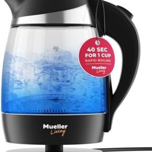 Mueller Living Electric Kettle, Electric Tea Kettle for Boiling Water, 1500W SpeedBoil Teach Automatic Shutoff, 1.8L Cordless with LED Light, Borosilicate Glass Tea Kettle Pot Water Heater, BPA Free