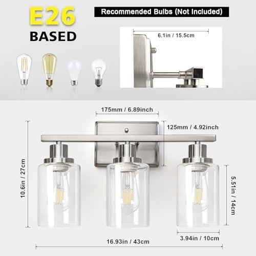 Ascher Bathroom Vanity Light Fixtures, 3 Light Wall Sconces Lighting with Clear Glass Shade, Brushed Nickel Wall Lights for Mirror, Kitchen, Living Room, Gallery, E26 Base (Bulbs Not Included) - Image 5