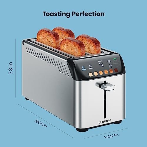 Chefman Smart Touch 4 Slice Digital Toaster, 6 Shade Settings, Stainless Steel Toaster 4 Slice with Extra-Wide Slots, Thick Bread Toaster and Bagel Toaster, +10, Defrost, Removable Crumb Tray - Image 7