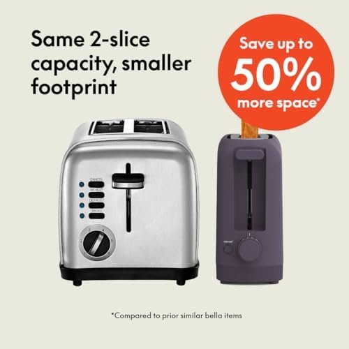 bella 2 Slice Slim Toaster, 6 Setting Shade Control w Reheat and Cancel Buttons, Removable Crumb Tray, 10” Long Slot, Anti Jam & Auto Shutoff, Auto Centering Guides and Cord Wrap, 900 Watt, Plum - Image 2