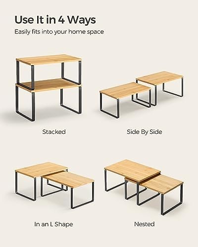 SONGMICS Cabinet Organizer Shelf, Set of 2 Kitchen Counter Shelves, Kitchen Storage, Spice Rack, Stackable, Expandable, Metal and Engineered Wood, Ink Black and Natural Beige UKCS02NB - Image 7