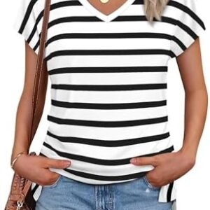 WIHOLL Womens Tops Basic Summer V Neck T Shirts Short Sleeve Dressy Casual Loose Fit Cute Tee Clothes Trendy Fashion Outfits