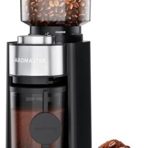Aromaster Burr Coffee Grinder, Coffee Bean Grinder with 25 Grind Setting, 2-12 Cups Timer, Conical Coffee Grinders for Home Use, 3-Ears Portafilter Holder, Cleaning Brush, Black