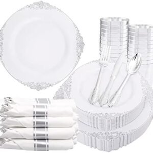 Liacere 350PCS Silver Plastic Plates&Pre Rolled Napkins for 50 Guests - Plastic Dinnerware Sets 100 Silver Disposable Plates, 150 Silver Silverware, 50Cups and 50Napkins for Wedding&Party&Christmas