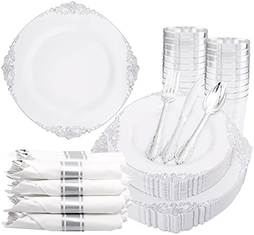 Liacere 350PCS Silver Plastic Plates&Pre Rolled Napkins for 50 Guests - Plastic Dinnerware Sets 100 Silver Disposable Plates, 150 Silver Silverware, 50Cups and 50Napkins for Wedding&Party&Christmas