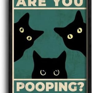 Heiple Framed Bathroom Wall Art Black Cat Are You Pooping Funny Bathroom Wall Decor Hanging Sign for Vintage Home Farmhouse Bathroom Decor (Black, 11"x14")