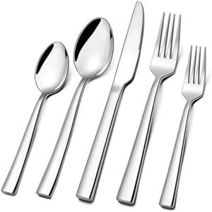 Silverware Set for 2, CXJY 10-Piece Stainless Steel Flatware Cutlery Set, Square Edge Kitchen Utensil Include Knives/Forks/Spoons, Tableware for Home/Hotel, Mirror Polished Dishwasher Safe