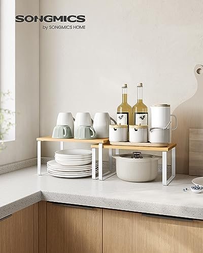 SONGMICS Cabinet Organizer Shelf, Set of 4 Kitchen Counter Shelves, Kitchen Storage, Spice Rack, Stackable, Expandable, Metal and Engineered Wood, Cloud White and Natural Beige UKCS010N01 - Image 3