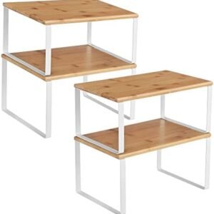 SONGMICS Cabinet Organizer Shelf, Set of 4 Kitchen Counter Shelves, Kitchen Storage, Spice Rack, Stackable, Expandable, Metal and Engineered Wood, Cloud White and Natural Beige UKCS010N01