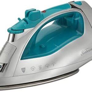 Sunbeam Steammaster 1400 Watt Iron with 8' Retractable Cord, Large Anti-Drip Nonstick Stainless Steel Soleplate, Horizontal or Vertical Shot of Steam and 3-Way Auto Shut-Off, Chrome/Teal