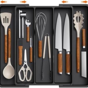 Lifewit Utensil Organizer for Kitchen Drawers, Expandable Cooking Utensil Tray, Adjustable Cutlery Silverware Flatware Holder, Plastic Kitchen Spatula Tools and Gadgets Storage Divider, Large, Black